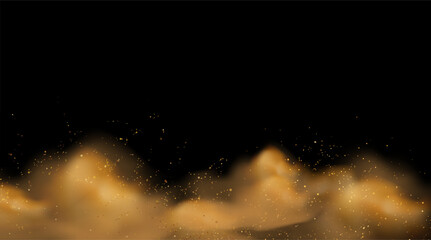 Naklejka premium An abstract dust cloud with golden glowing glitter or particles along the bottom border.