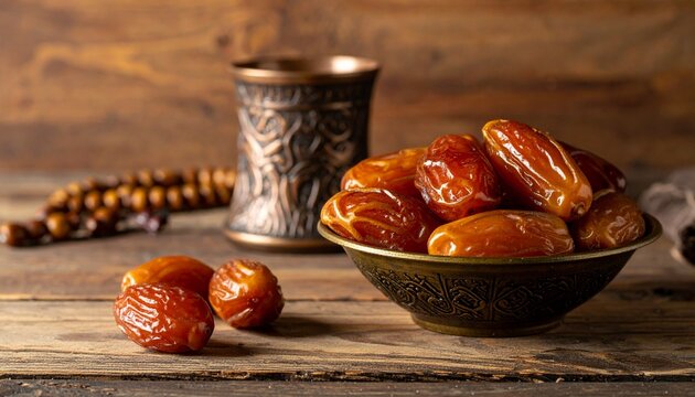   
Wooden bowl of dates with prayer beads and ornate cup, evoking spirituality and cultural tradition.