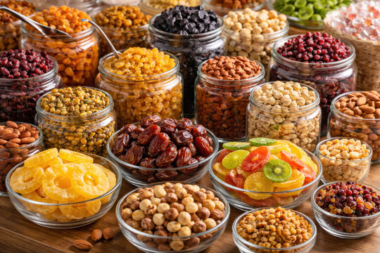 Variety of dried fruits, nuts and seeds in glass jars on wooden table. Concept of healthy nutrition, organic products and natural ingredients.