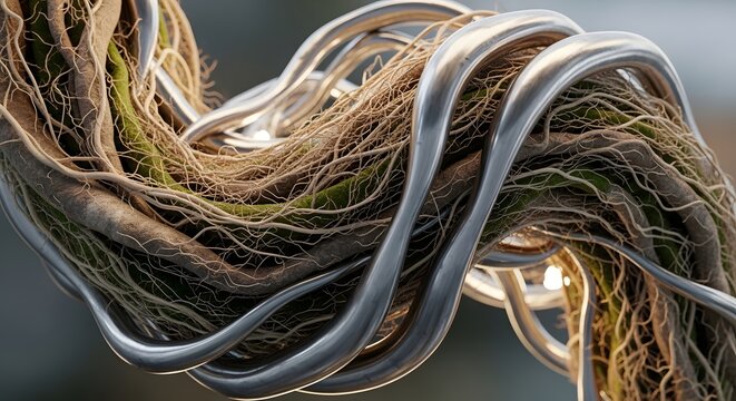 Intricate metal and organic fiber sculpture