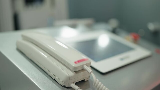Slow motion, close-up shot of a white video intercom system resting on a metal surface, with the camera slowly panning to reveal the device's details and modern security features for communication