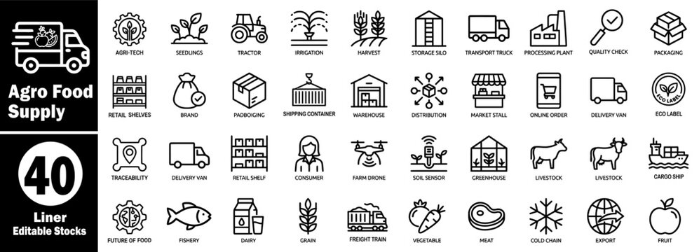 Agro Food Supply icons set. Food industry and agricultural supply chain management outline vector illustrator.