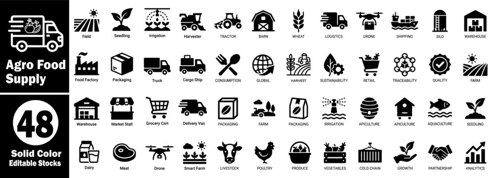 Agro Food Supply Icons set. Agricultural production and food supply chain solid icon collection vector illustrator.