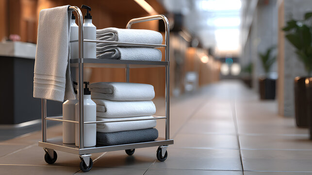 Hotel Housekeeping Cart with Clean Towels in Modern Hotel Corridor