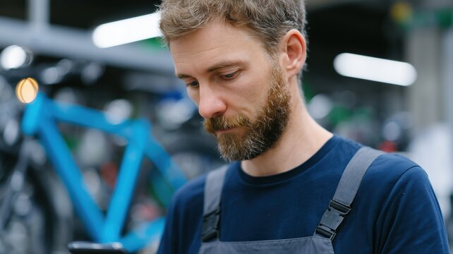 Mechaniker verschickt digitale Rechnung per Handy in einer Fahrradwerkstatt &ndash; authentische Arbeitsszene in Berlin