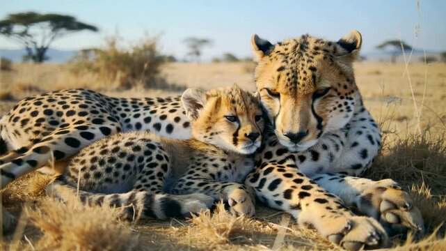 two cheetahs resting on savannah grass under warm sun