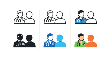 Clinical consultation icon depicting a doctor with a stethoscope talking to a patient, symbolizing medical advice, health