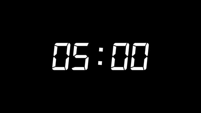 White color digital timer number icon animation . Digital clock with time 05 hours on black background.