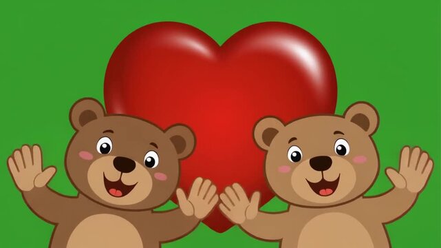 Two cartoon bears waving hands beside a large red heart on green background for Valentine's Day greeting or love concept