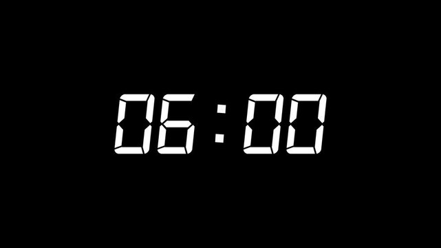 White color digital timer number icon animation . Digital clock with time 06 hours on black background.