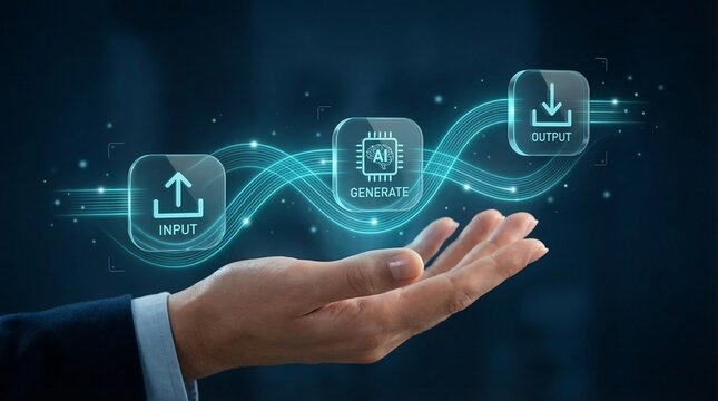 A hand in a business suit presenting a futuristic AI technology interface with input generate and output icons