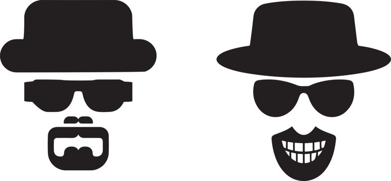 Minimalist black silhouette icons of a man with a pork pie hat sunglasses and a goatee
