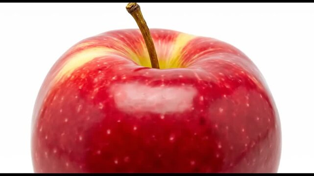 A vibrant red apple with a brown stem and yellow highlights on a white background