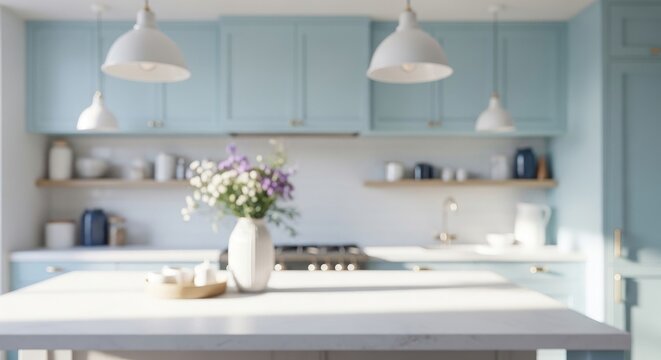 Modern kitchen interior with light blue cabinets and white countertops