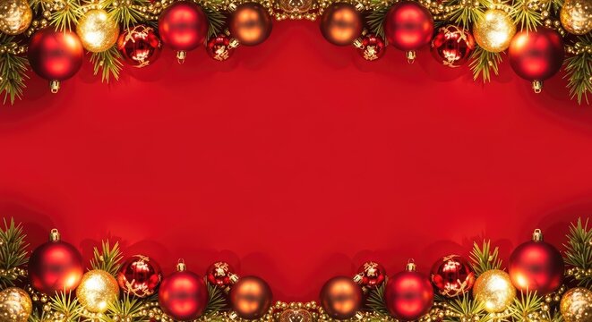 Christmas background with red and gold ornaments border template