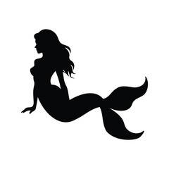 mermaid resting in coral reef silhouette vector illustration, Elegant mermaid sitting gracefully on ocean waves silhouette vector illustration with flowing hair and tail