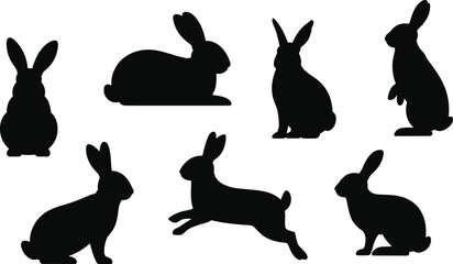 Obraz premium Collection of seven black rabbit silhouettes featuring jumping, sitting, and standing poses, perfect for Easter holiday designs, spring seasonal graphics, and cute animal vector illustrations.