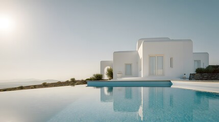 Fototapeta premium Luxury Santorini Villa Overlooks Turquoise Sea A Summer Vacation Dream of Premium Travel Lifestyle