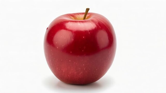 A shiny red apple with a brown stem on a plain white background
