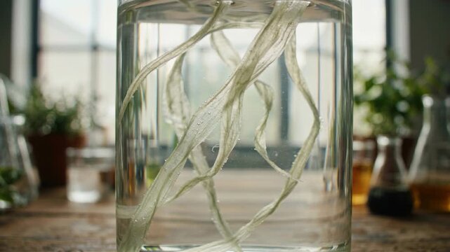 Bio based chemical materials green chemistry experiment with plant fibers suspended clear water glass jar showcasing natural texture laboratory study