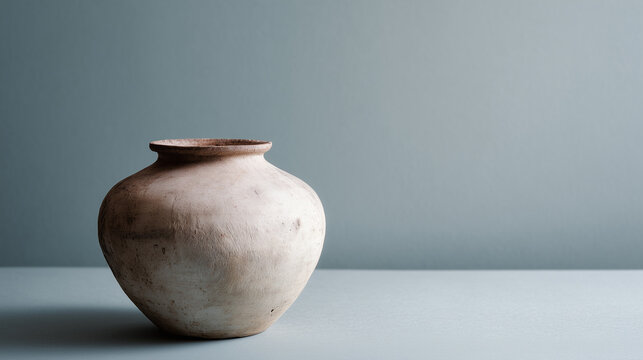 Small handmade clay pot with subtle surface imperfections on a gray background