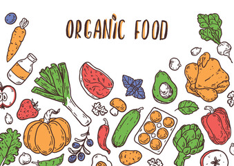 Organic food sketch doodles . Whimsical food doodles, Hand drawn vector illustration for menu, packaging design. Food quirky icons, simple sketch style. Top view. Simply fun