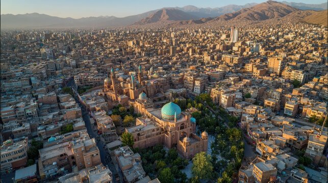 A cinematic aerial drone photograph of the historic city of Tabriz, Iran, showing the dense urban fabric and traditional Persian architecture. 