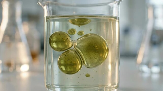 Bio based chemical materials green chemistry oil droplet clusters suspended in clear solvent in laboratory glass beaker evoking experimental calm
