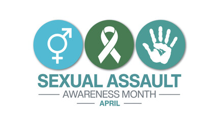 Fototapeta premium Sexual Assault Awareness Month April Advocacy Banner with Gender Symbols Teal Ribbon and Hand Stop Icon for Social Justice Organizations