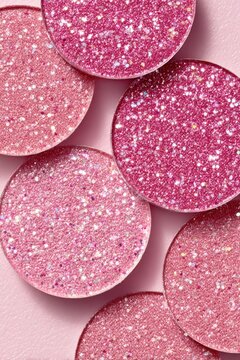Glittering pink cosmetic eyeshadow palette featuring circular pans of various shades of pink with shimmering glitter on a soft pink background