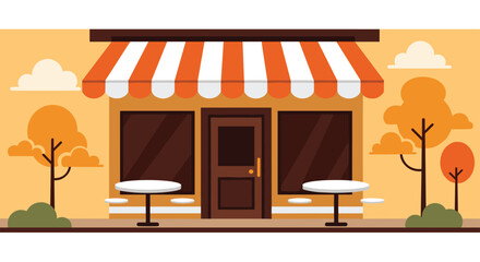 Naklejka premium A charming cartoon illustration depicts a small shop or cafe with a distinctive striped orange and white awning and two outdoor tables.
