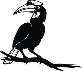 Silhouette of a hornbill bird perched on a tree branch vector design © Nasima