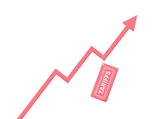 Red arrow pointing diagonally upwards with the tag Tariffs on it, isolated on white background. Flat vector illustration