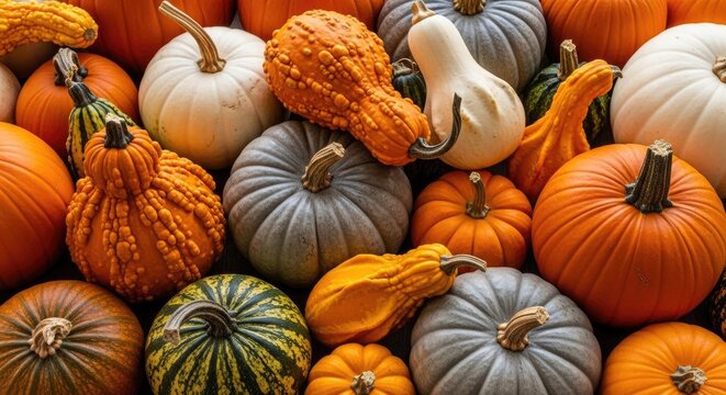 Vibrant autumn harvest a diverse collection of pumpkins and gourds on display