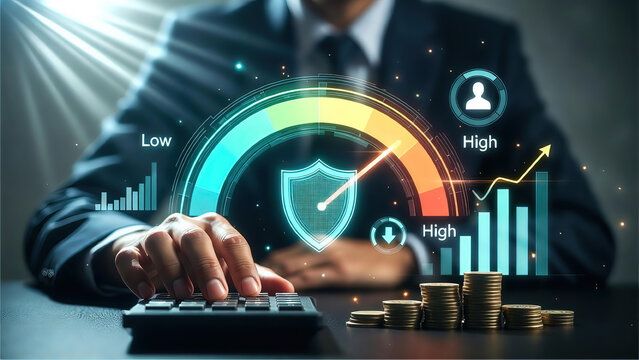 Businessman calculating financial risk and performance with a digital gauge showing low to high levels, stacks of coins, and growth charts, symbolizing investment security and business success.