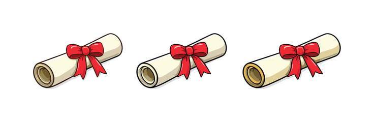 Three rolled diplomas tied with red ribbons, one with a golden interior