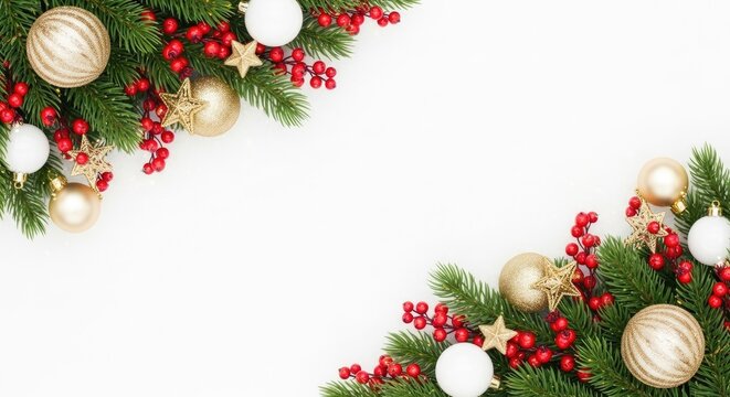 Christmas background with green garland red berries and ornaments for holiday cards