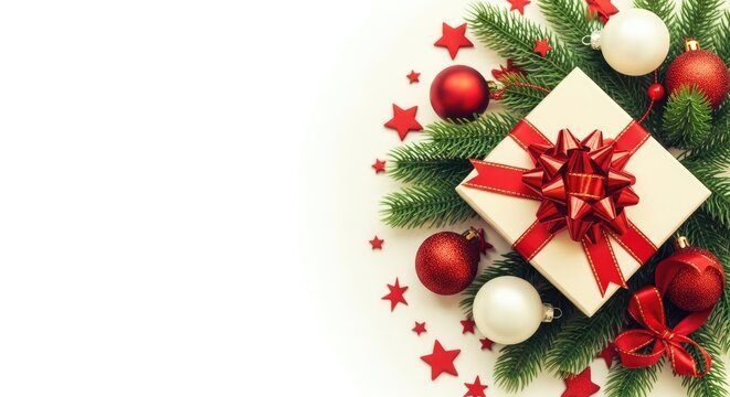 Christmas gift box with red ribbon and ornaments on festive background
