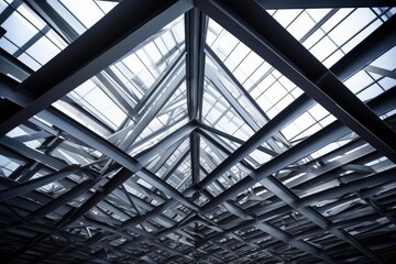 Intricate metal beams forming a grid pattern for a large glass ceiling