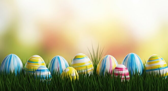 Easter eggs in grass with colorful background