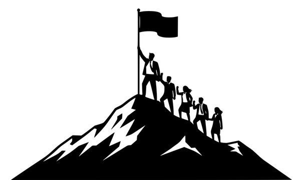 Business team reaching mountain summit and planting flag to celebrate successful project completion