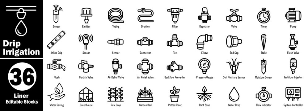 Drip irrigation linear icons pack. Collection of outline symbols vector illustrator.