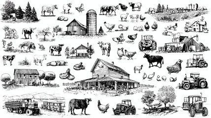 Vintage farm collage with animals and equipment © AI PIC