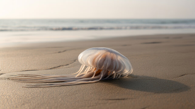 Translucent jellyfish (likely moon jelly, Aurelia aurita) washed up on wet sandy beach at sunset. Delicate pinkish-blue tones, long tentacles spread across the sand, gentle waves in soft focus backgro