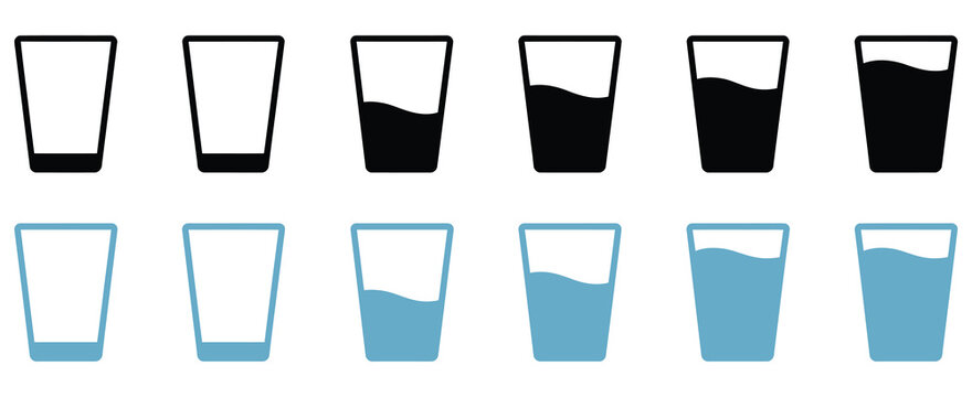 Water glass icon set in black on white background, full and empty glass of water, flat design, isolated drinking water symbols, and hydration concept vector