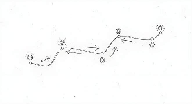 Abstract hand drawn sketch outlining a journey's winding path with milestones, obstacles, and directional arrows indicating progress and setbacks.