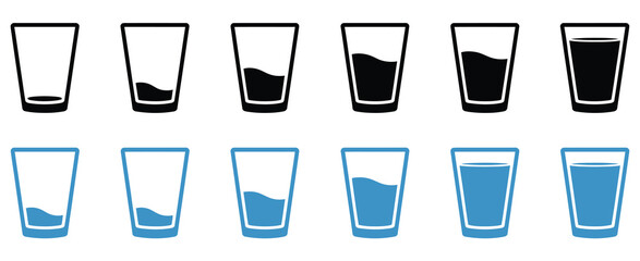 Drinking water glass icon collection, black flat icons, full and empty glasses, isolated glass of water design for health, beverage, and lifestyle vector © welcome  saiful