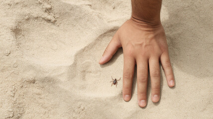 Man's hand resting palm-down on dry golden beach sand, leaving clear imprint. Small dark sandy tick crawling across back of hand. Warm sunlight, sand texture, subtle shadows, summer beach day. Danger,