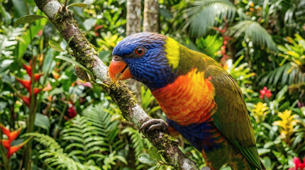 An exquisite rainbow-plumed parrot observed perched amidst the rich, verdant depths of its tropical jungle habitat, displaying its vibrant natural beauty