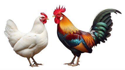 Fototapeta premium A colorful rooster and a white hen standing on transparent background